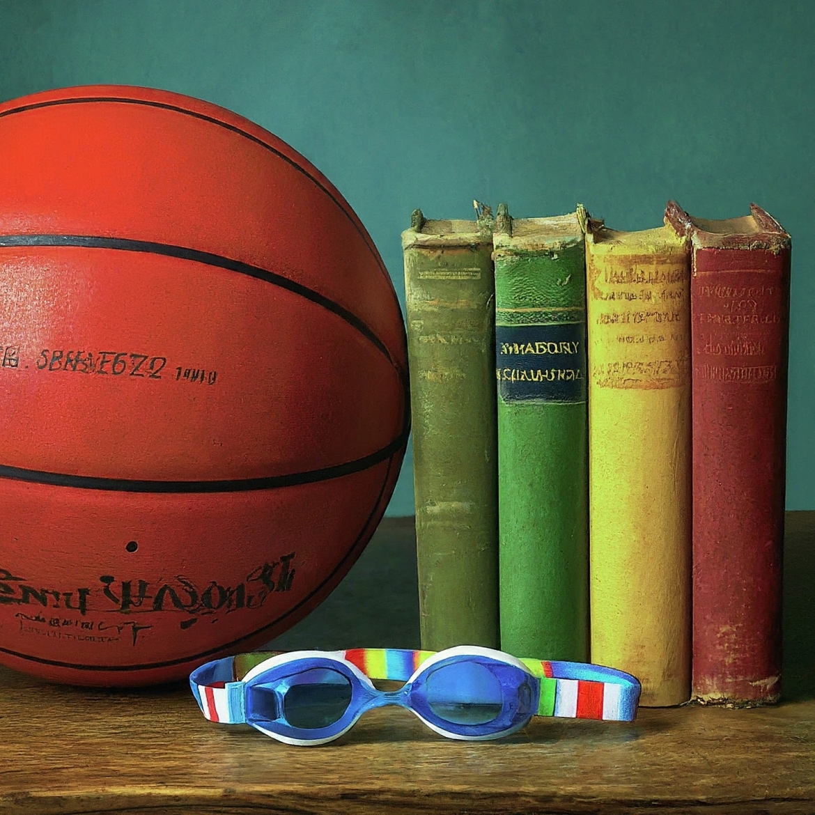 A stack of books, a basketball, and a pair of swim goggles.